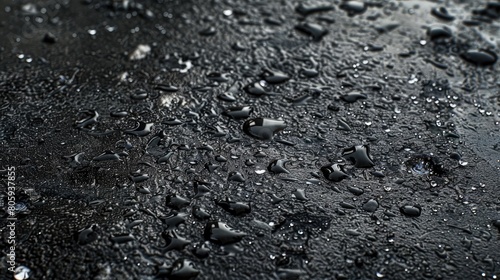 Macro shot of hot asphalt with cold raindrops evaporating quickly, urban temperature clash