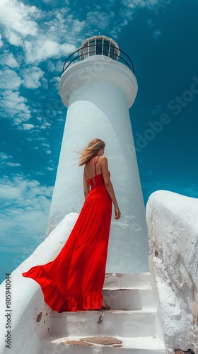girl in red dress stranding on stairs of white lighthouse against blue sky