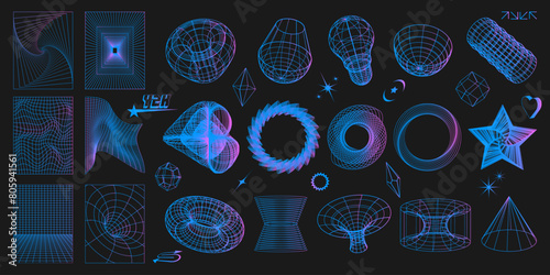 Abstract y2k geometric colorful neon shapes and 3d wireframe models on black background. Set of rave psychedelic retro futuristic elements from 90s, 00s. Vector illustration in cyberpunk techno style.