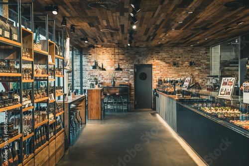 View of a modern bakery with shop and cafe, industrial style with brick wall, wood and steel