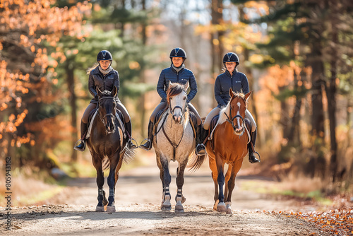 Three horsewomen enjoy riding beautiful horses, side by side along the trail at the equestrian center on a sunny day