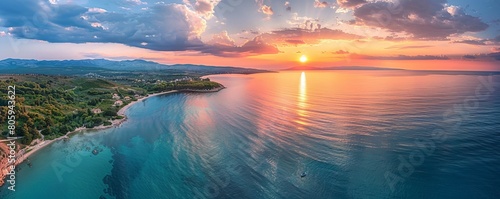 Aerial view of the serene Adriatic coast at sunset, Primorje-Gorski Kotar, Croatia.