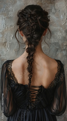 rear view art portrait of a woman in black dress with hair in braid