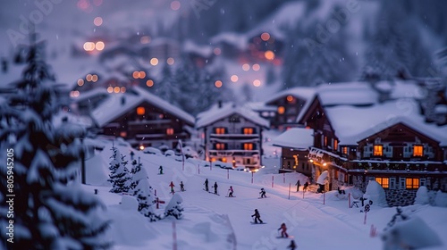 Winter village, ski resort with cozy houses under snow, tilt shift, evening time
