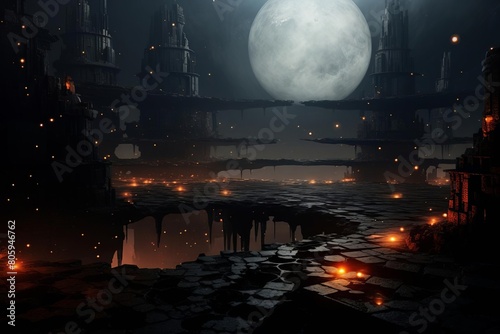 A dark, eerie scene with a large, glowing moon in the background