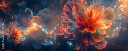 Colorful cosmic fantasy flowers in space.