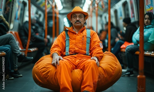 Man on New York City subway wearing absurd fashion with orange suspenders, matching hat and a giant, puffy bean bag appendage to sit on.