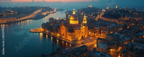 Aerial view of Valletta's Basilica of St Dominic at night, South Eastern Region, Malta.