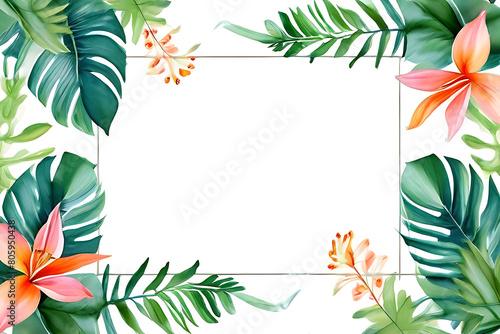 Square frame decorated with colorful flowers and green leaves on a white background.