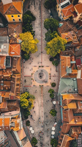 Historic city center from the air, highlighting cobblestone streets, quaint buildings, and a central square