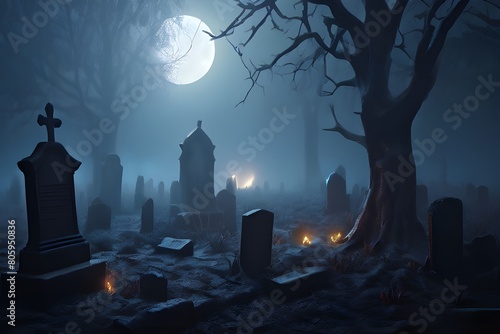 A night time graveyard under a full moon.Halloween theme with vintage gravestones from an old cemetery. A scary cinematic scenario of a haunting cemetery by Full Moon.