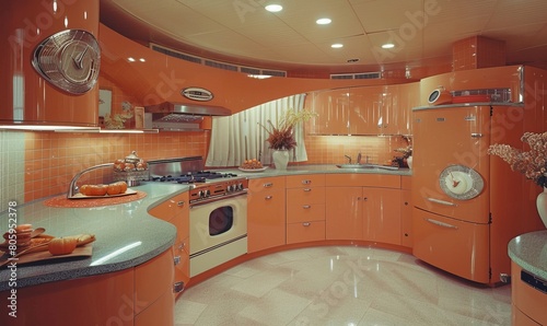 Vintage kitchen from the 1970 era with retro appliances and round features.
