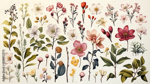 Botanical Illustration: Detailed watercolor drawing of flowering plants with separate parts of it, in retro style