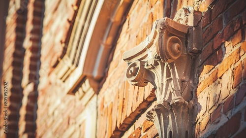Historic commercial building, brick texture close-up, intricate details, soft light 