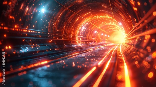 Abstract background of light rays in a tunnel with speed effects,Orange and red blurry light