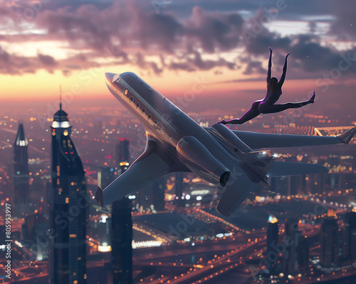 Evoke the surreal blend of aviation innovation and ballet elegance in a wide-angle perspective Render a sleek jet plane seamlessly transforming into a contemporary dancer executing