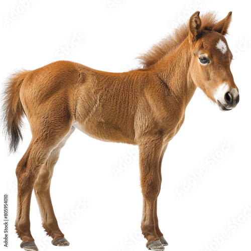 A cute brown foal standing on a white background.