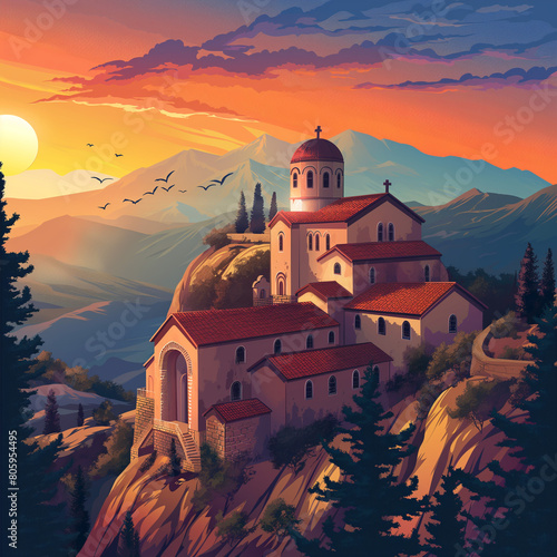 Ravanica monastery at sunrise vector illustration HD Wallpaper