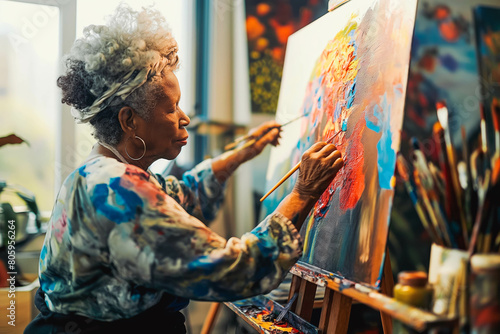 A focused middle-aged Afro-American artist painting in a sunlit studio, their creative vision illuminated by the warm, diffused light.