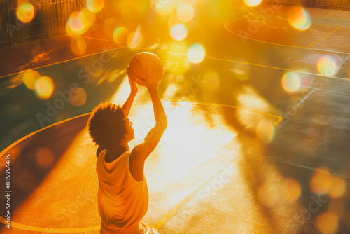A motivated Afro-American teenager shooting hoops on a brightly lit basketball court, the gleaming court surface reflecting the brilliance of the sun.