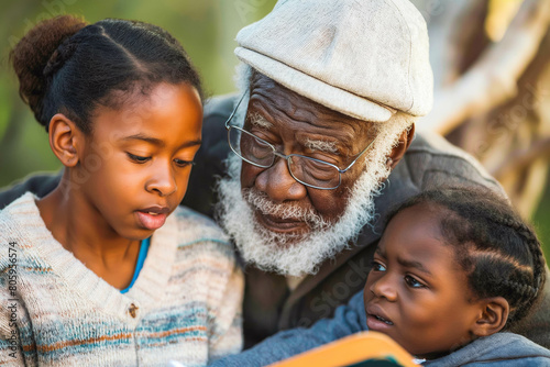 A wise elderly Afro-American man sharing stories and wisdom with his grandchildren, passing down the lessons of a lifetime.