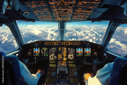 Two pilots seats in cocpit during the flight in the sky above the clouds