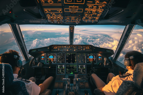 pilots seats in cocpit during the flight in the sky above the clouds