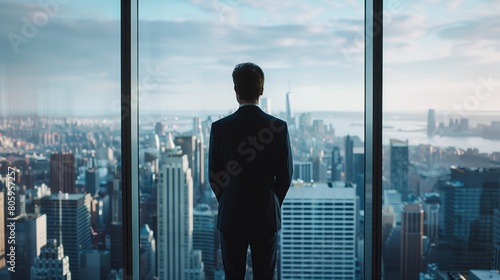 Businessman in suit, standing by window, contemplating city skyline. Modern office setting, representing leadership, success in corporate world.