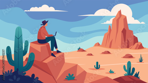 Perched on the edge of a rocky cliff I sketch the rugged terrain of a desert landscape with cacti and tumbleweeds dotting the scene..