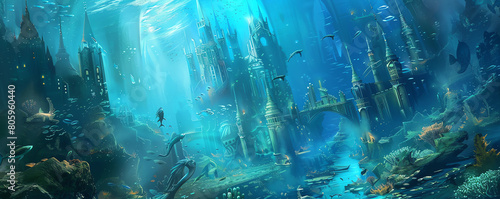 Illustrate a bustling underwater city where mermaids and sea creatures mingle, with a dynamic perspective that immerses the viewer in a fantastical world beneath the waves