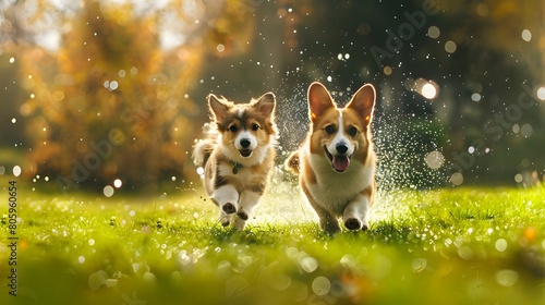 In the sunlight, a corgi dog and fluffy cat romp together on the green grass, surrounded by glistening water droplets in the air