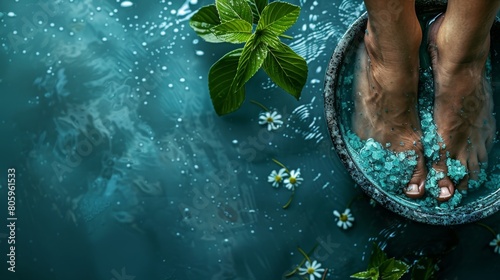 Refreshing Herbal Foot Spa with Mint and Daisies in Turquoise Water