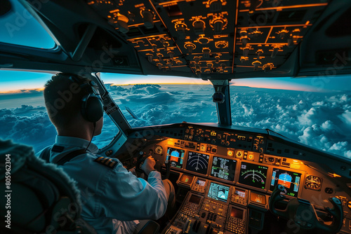 Male pilot with headset in cockpit, flying on airplane or helicopter with clouds view