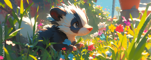 A baby skunk exploring a garden, nose twitching with curiosity. cute animal illustration