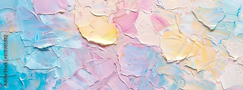 An abstract background features vibrant blue, pink, and yellow oil painting textures that blend together in a mesmerizing display of color. The patterned wall serves as the backdrop, with sections 