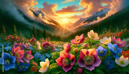 Image of Hellebore flowers at sunset over a lush mountain valley