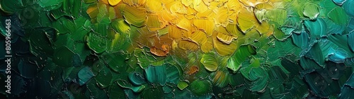 Dynamic abstract background with a mixture of green and yellow oil paint strokes, can be utilized for printed materials such as brochures, flyers, and business cards.
