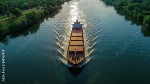 Cargo Ship Navigating Through Tranquil River Waters