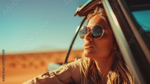 Young woman wearing sunglasses leaning out of car window in desert landscape, contemplating the horizon under clear blue sky. Concept of travel, adventure, freedom, and exploration.