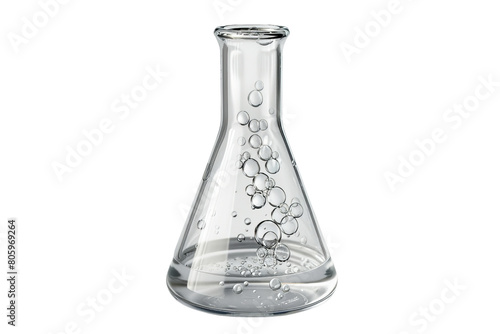 A glass beaker filled with water and bubbles. The bubbles are small and scattered throughout the beaker