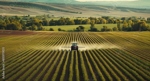Crop Field. Agricultural Tractor Spraying Pesticides on Soy Bean Field with Irrigation System