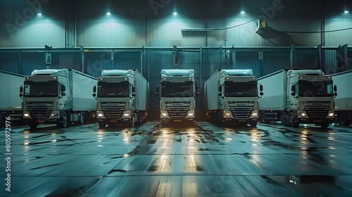 A row of white trucks is parked outside a warehouse. White freight semi trucks loading or unloading. Road cargo transportation