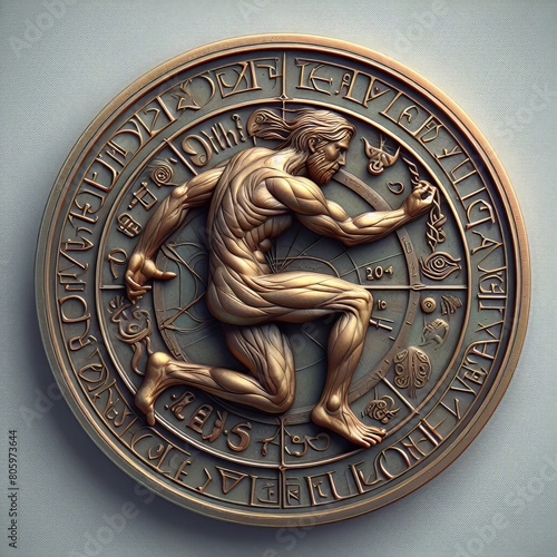 Muscular Figure in Zodiac Circle: Bronze Relief Sculpture with Astrology Symbols and Greek Letters