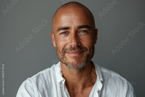 A confident man with a bald head and a charming smile, exuding positivity and style in a white shirt.