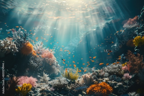 Ocean Under Water. Stunning Aquarium Seascape with Vibrant Marine Life and Sunlight Illuminating Coral Reef
