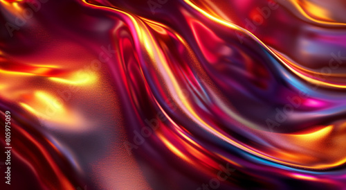 Red Background: 3D render of colorful fluid metallic liquid waves on a red background, abstract wavy cloth with golden light reflections, fluid wave design, fluid shapes, fluid art