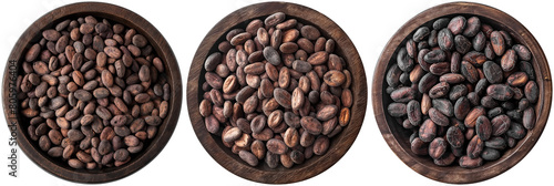 set of cocoa beans in brown wooden bowl, cut out