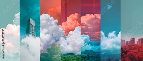 Composition artistique en forme de moodboard, montrant diverses scènes de ciels bleus, de nuages blancs, de gratte-ciels et de paysages naturels