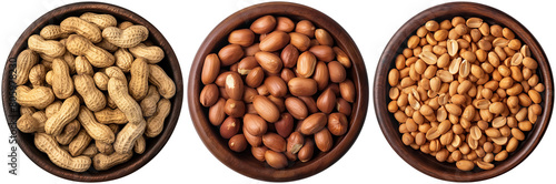 set of peanuts in brown wooden bowl, cut out