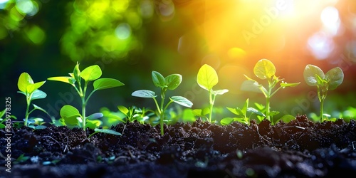 Symbolism of new life: Green seedlings growing in fertile soil under soft sunlight. Concept Growth, Nature, Renewal, Transformation, Hope